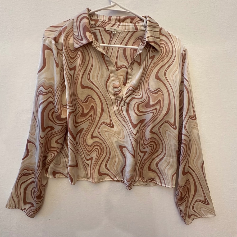 Pleione Womens L Brown Marble Swirl Print V-Neck Long Sleeve Blouse WLG512083